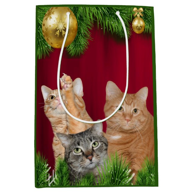 Sacola Para Presentes Média Natal da família de gato (Frente)