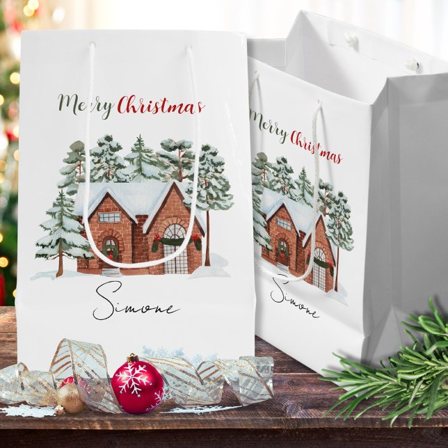 Sacola Para Presentes Média Natal da Floresta Nórdica de Pinheiros com Aquarel (Criador carregado)