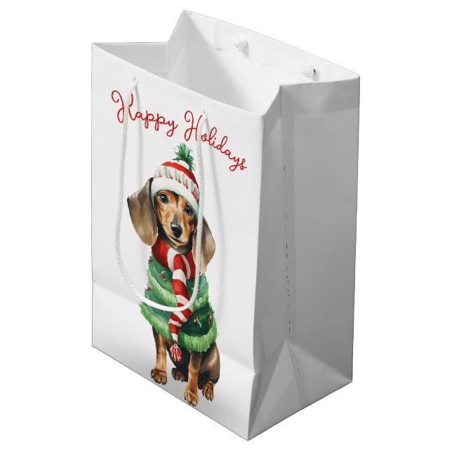 Sacola Para Presentes Média Natal Dachshund Em Um Scarf (Frente inclinada)