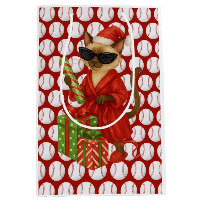 Sacola Para Presentes Média Natal de baseball temático para os amantes de gato (Frente)