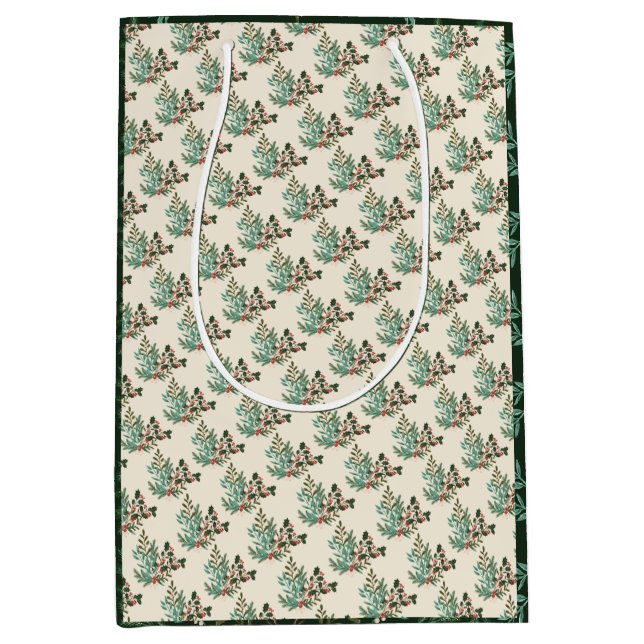 Sacola Para Presentes Média Natal de Férias Botânicas Verdes Clássicas (Frente)