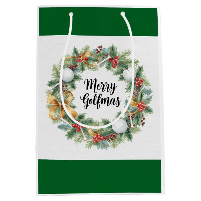 Sacola Para Presentes Média Natal de golfe com grinalda  (Frente)