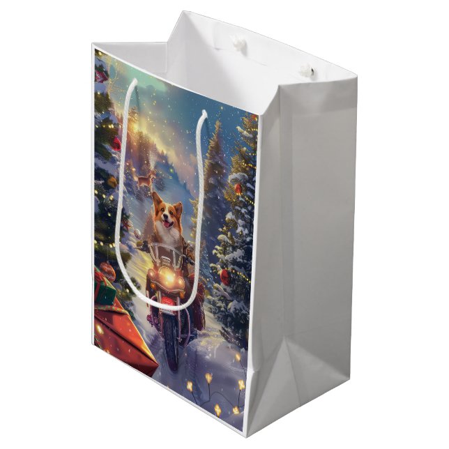 Sacola Para Presentes Média Natal de Motocicleta Corgi (Frente inclinada)