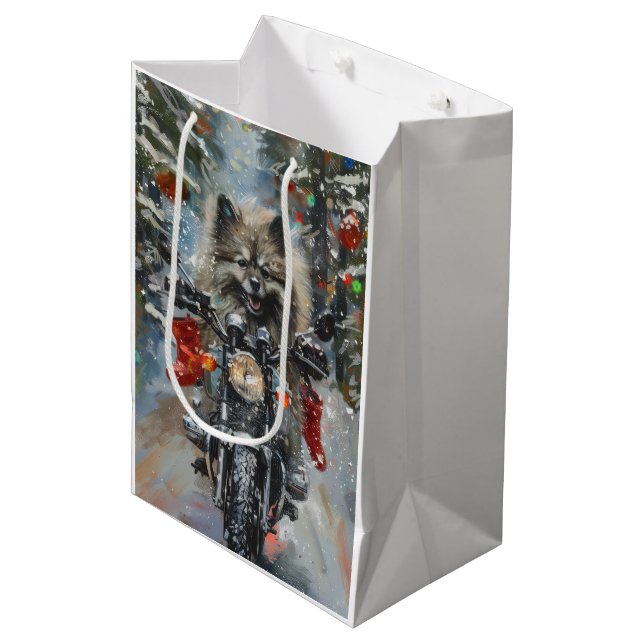Sacola Para Presentes Média Natal de Motocicleta de Keeshond (Frente inclinada)