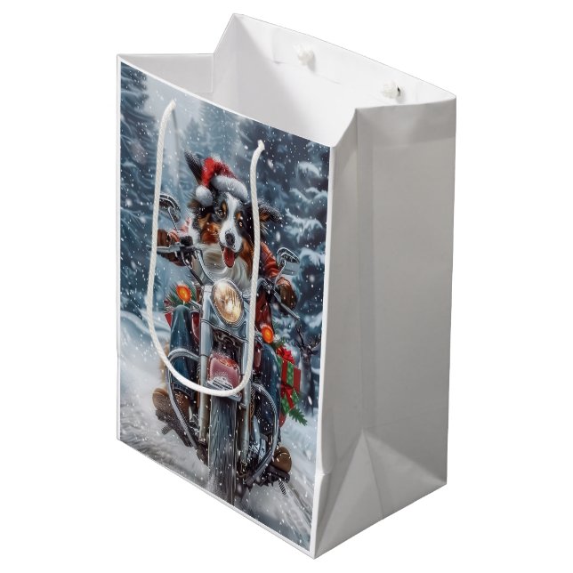 Sacola Para Presentes Média Natal de Motocicleta de Shepherd Australiano (Frente inclinada)