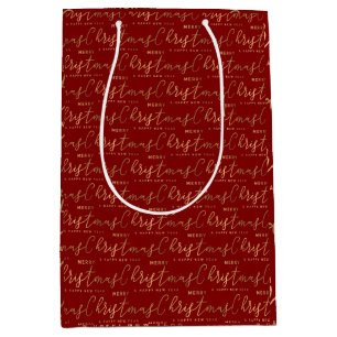 Sacola Para Presentes Média Natal de Script Vermelho e Dourado