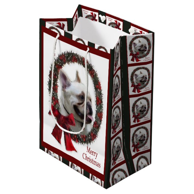 Sacola Para Presentes Média Natal do Buldogue Francês (Frente inclinada)