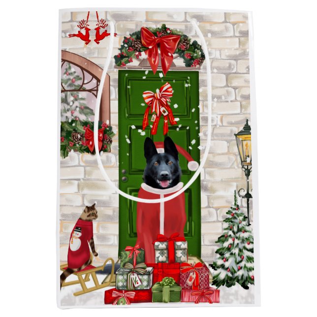 Sacola Para Presentes Média Natal do Cão German shepherd Negro (Frente)