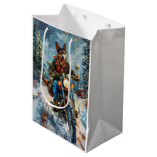 Sacola Para Presentes Média Natal do Motociclismo Kelpie australiano (Frente inclinada)