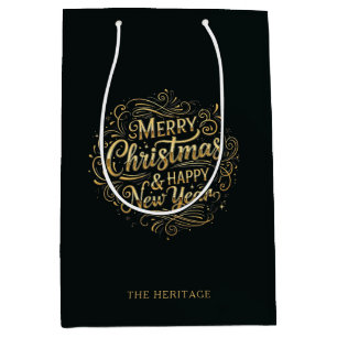 Sacola Para Presentes Média Natal e Feliz ano novo alegres e Dourados