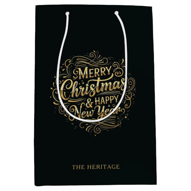 Sacola Para Presentes Média Natal e Feliz ano novo alegres e Dourados (Frente)