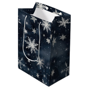 Sacola Para Presentes Média Natal Flocos de Neve Céu Noturno