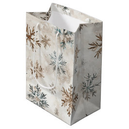 Sacola Para Presentes Média Natal Flocos de Neve Marrom Azul Creme