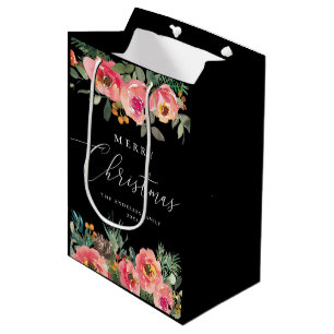 Sacola Para Presentes Média Natal Floral Negro Feriado Botânico