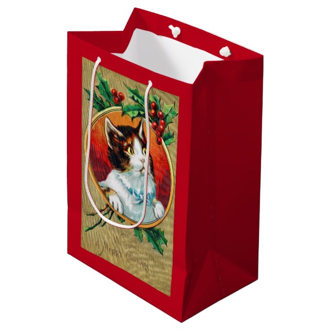 Sacola Para Presentes Média Natal, Gato de Natal (Frente inclinada)