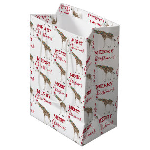 Sacola Para Presentes Média Natal Giraffe Funny Animal com Santa Hat