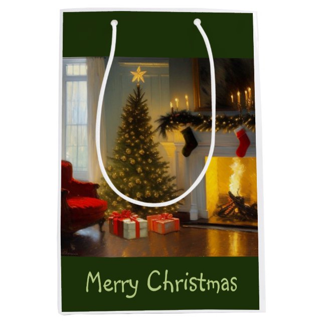 Sacola Para Presentes Média Natal Junto à Lareira (Frente)