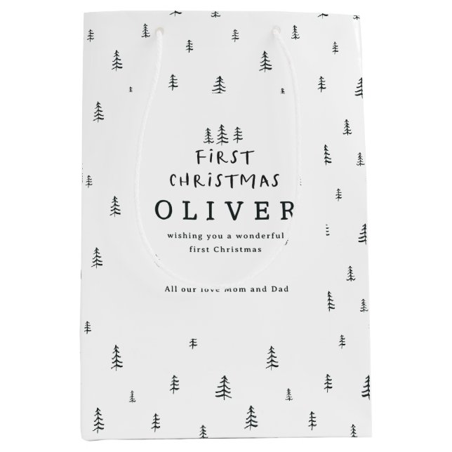 Sacola Para Presentes Média Natal mínimo moderno preto e branco (Frente)