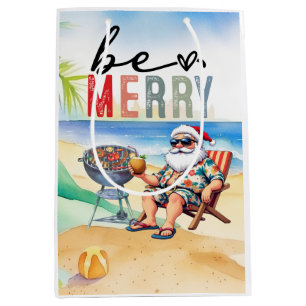 Sacola Para Presentes Média Natal na Praia com Churrasco do Papai Noel Surfist