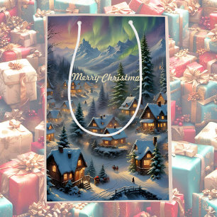 Sacola Para Presentes Média Natal numa aldeia montanhosa, luzes polares