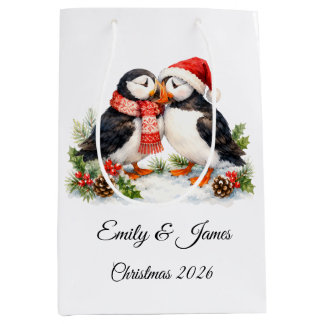 Sacola Para Presentes Média Natal Personalizado Casal de Papagaios-do-mar Fofo