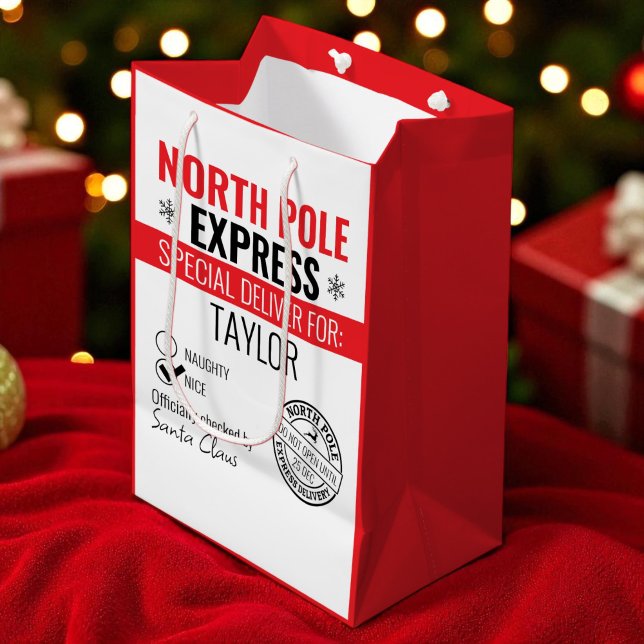 Sacola Para Presentes Média Natal personalizado para a entrega expressa do Pol (Personalized North Pole Express Delivery Christmas Medium Gift Bag
 by Ricaso. Add recipients name)