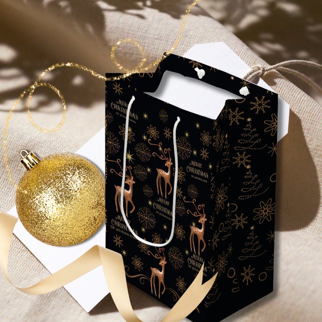Sacola Para Presentes Média Natal personalizado para veados Dourados e negros  (Elegant Black & Gold Deer Custom Christmas Medium Gift Bag)