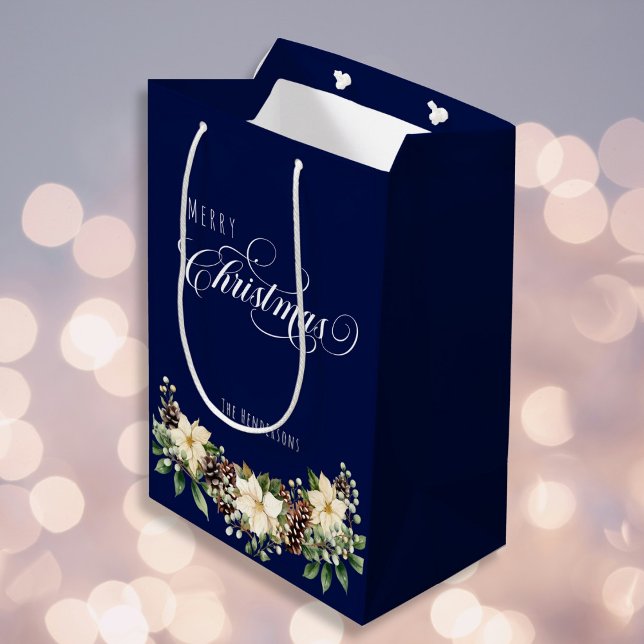 Sacola Para Presentes Média Natal Poinsettia azul (Criador carregado)