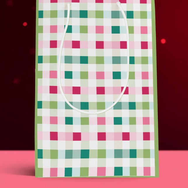 Sacola Para Presentes Média Natal rosa e verde (Pink and Green Checkered Christmas Gift Bag)