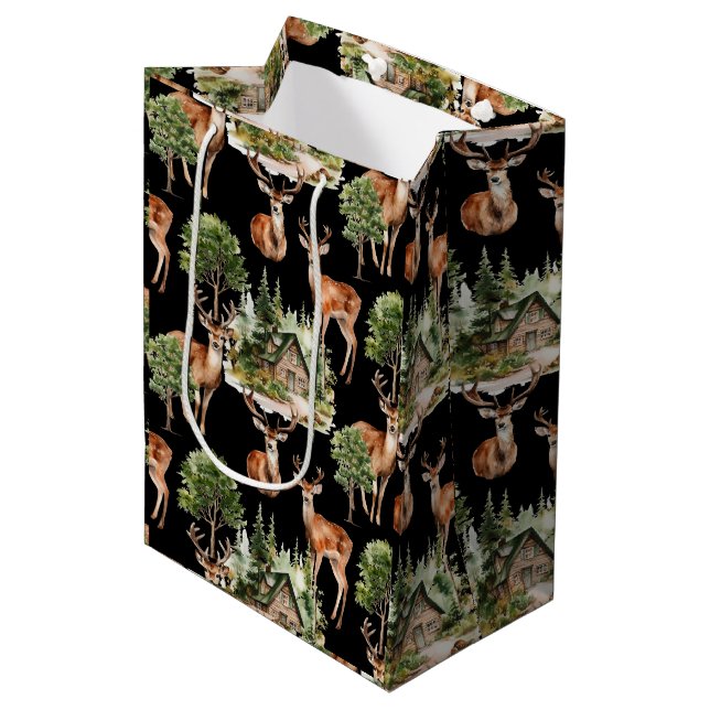 Sacola Para Presentes Média Natal Rustic Deer Holiday (Frente inclinada)