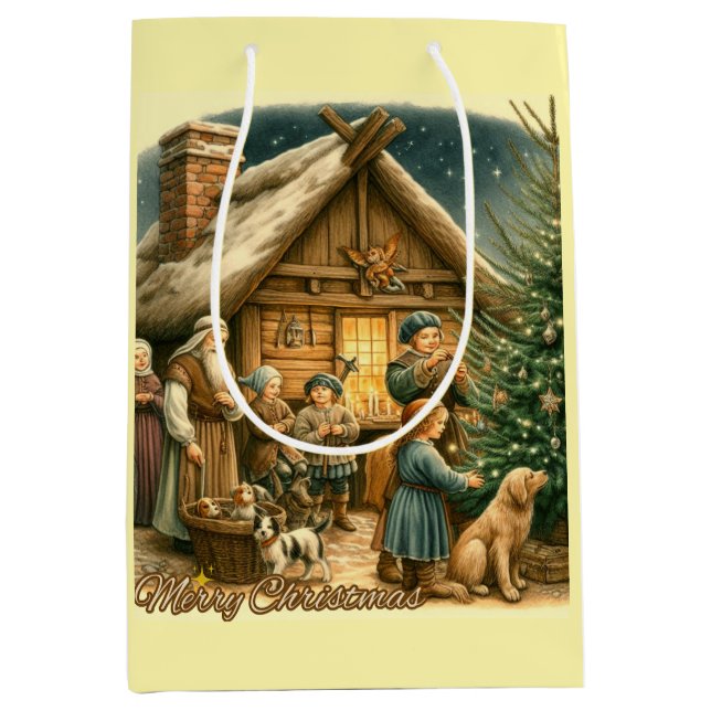 Sacola Para Presentes Média Natal Rústico da Idade Média (Frente)