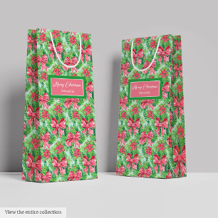 Sacola Para Presentes Média Natal trendy rosa verde aquarela preppy