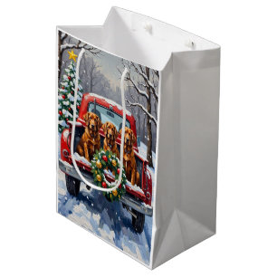 Sacola Para Presentes Média Natal Vermelho Caminhonete Férias Setter Vermelho