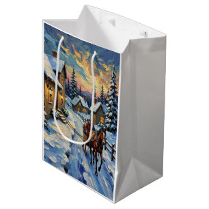 Sacola Para Presentes Média Natalina Vintage com Cavalo e Trenó na Neve