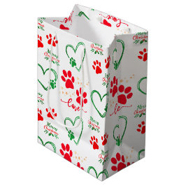 SACOLA PARA PRESENTES MÉDIA NATALINO PEQUENA PEGADA DE CÃO E CORAÇÕES DE AMOR