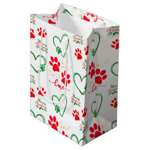 SACOLA PARA PRESENTES MÉDIA NATALINO PEQUENA PEGADA DE CÃO E CORAÇÕES DE AMOR