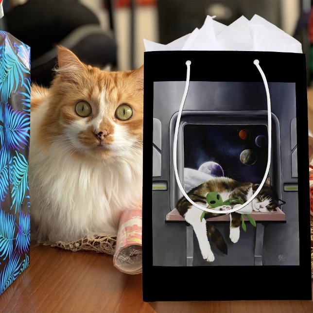 Sacola Para Presentes Média Nave Espacial Gato Tabby Verde Alien Stuffie Ficçã (Criador carregado)
