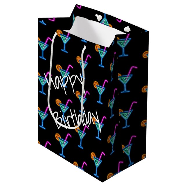 Sacola Para Presentes Média Neon Birthday Coctail Em Preto (Frente inclinada)