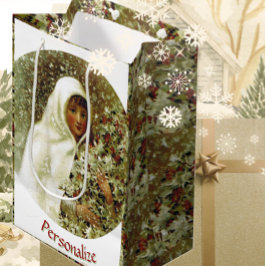 Sacola Para Presentes Média Neve Holly berry, menina vitoriana do inverno