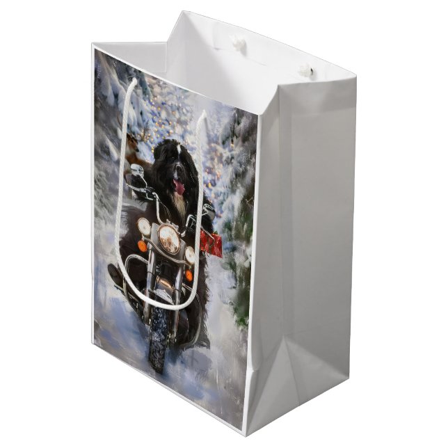 Sacola Para Presentes Média Newland Dog Riding Motorcycle Christmas (Frente inclinada)