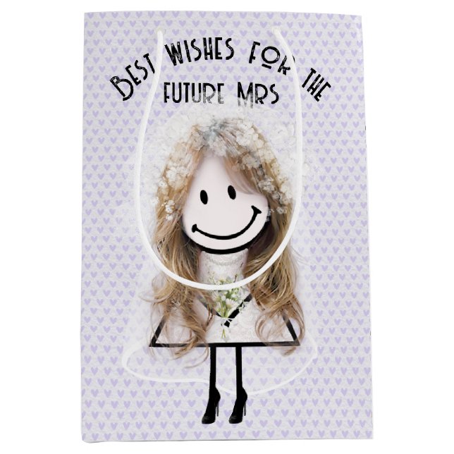 Sacola Para Presentes Média Noiva Boneco em Corações de Lavanda (Frente)