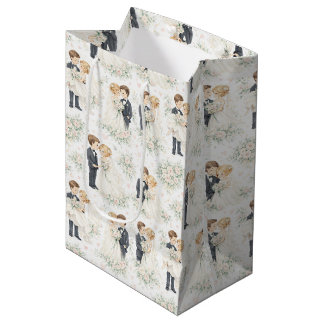Sacola Para Presentes Média Noiva Loira Casal Florais Aquarela Casamento