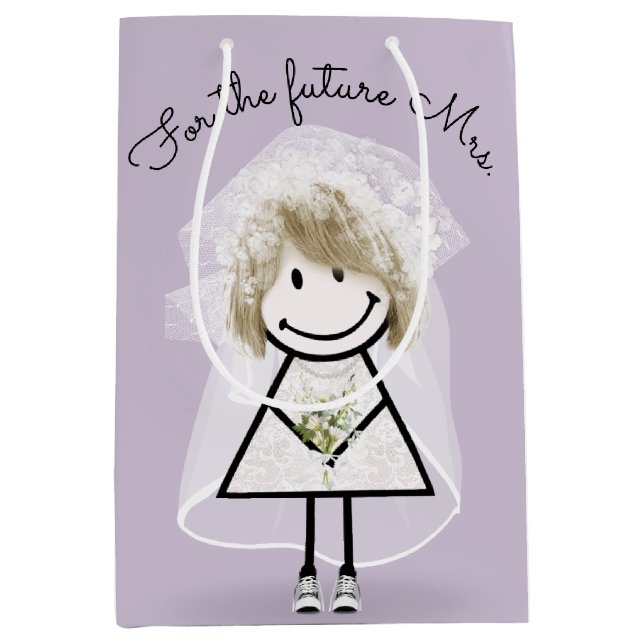 Sacola Para Presentes Média Noiva Menina de Pau com Vestido de Renda e Tenis  (Frente)