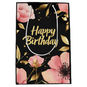 Sacola Para Presentes Média Noivado Dourado Rosa Floral