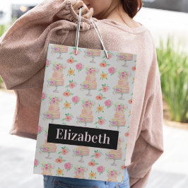 Sacola Para Presentes Média Nome Bolo em Camada de Aquarela com Padrão de Rosa