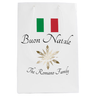 Sacola Para Presentes Média Nome da família italiana Buon Natale Flag e Snowfl