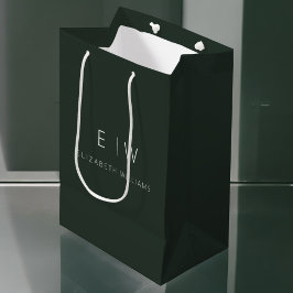 Sacola Para Presentes Média Nome de Monograma Minimalista Moderno Verde Escuro