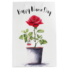 Sacola Para Presentes Média Nome Dia da Rosa vermelha de Aquarela Bush