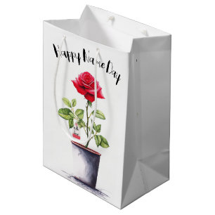 Sacola Para Presentes Média Nome Dia da Rosa vermelha de Aquarela Bush