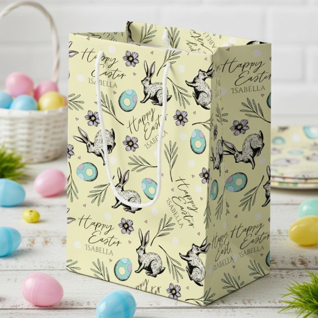 Sacola Para Presentes Média Nome do Felz pascoa Amarelo Bunny (Cute Happy Easter Pastel Yellow Gift Bags for Kids Egg Hunt with Name. Bunny Rabbit, Eggs & Flowers)
